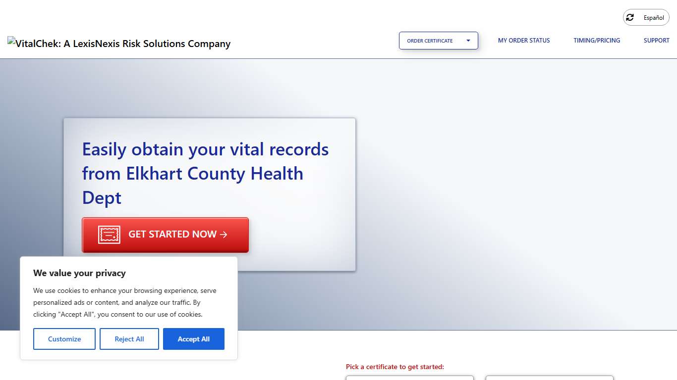 Elkhart County Health Dept (IN) | Order Certificates - VitalChek